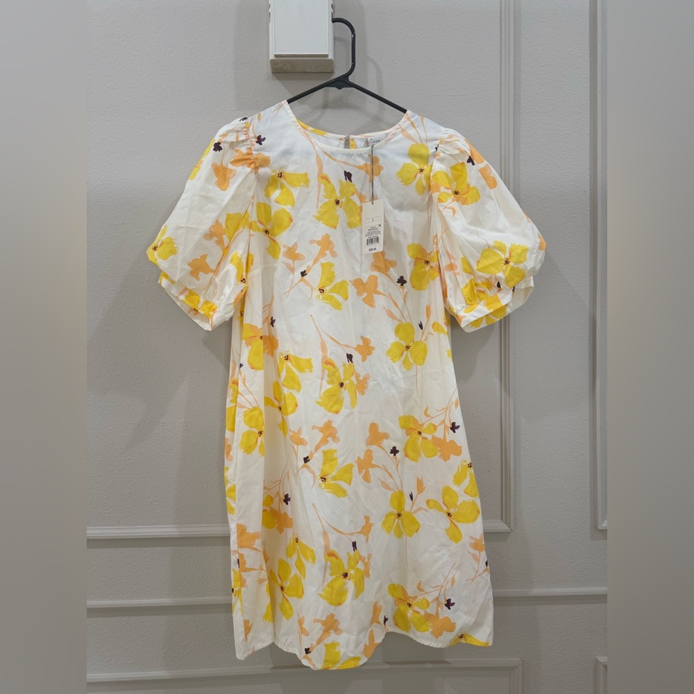 NWT A New Day Yellow White Floral Spring Cotton Puff Sleeve Mini Dress Size L - Picture 3 of 6